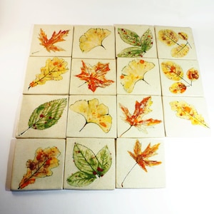 Op de afbeelding: Set van 16 keramische tegels met geperste herfstbladeren in verschillende tinten geel, oranje en rood. Elke tegel is vierkant en heeft een witte achtergrond.