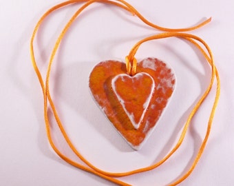 Orange hearts necklace, heart necklace, handmade ceramic, handmade jewelry, pendant jewelry, wedding favor, wedding necklace