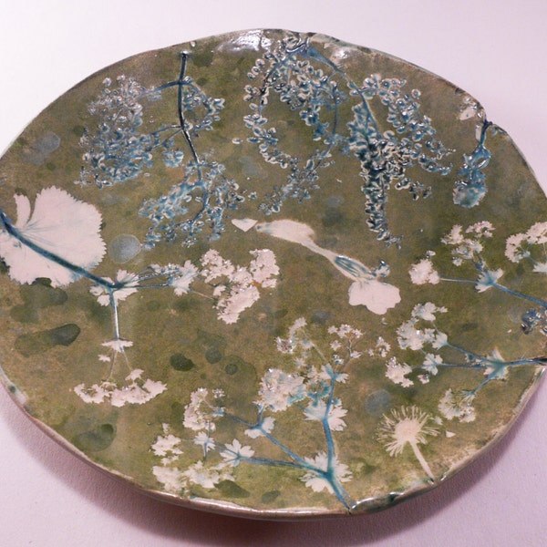Ceramic plate pressed flowers, pressed leaves, handmade pottery, handmade ceramic, green plate, ceramic and pottery, natural art