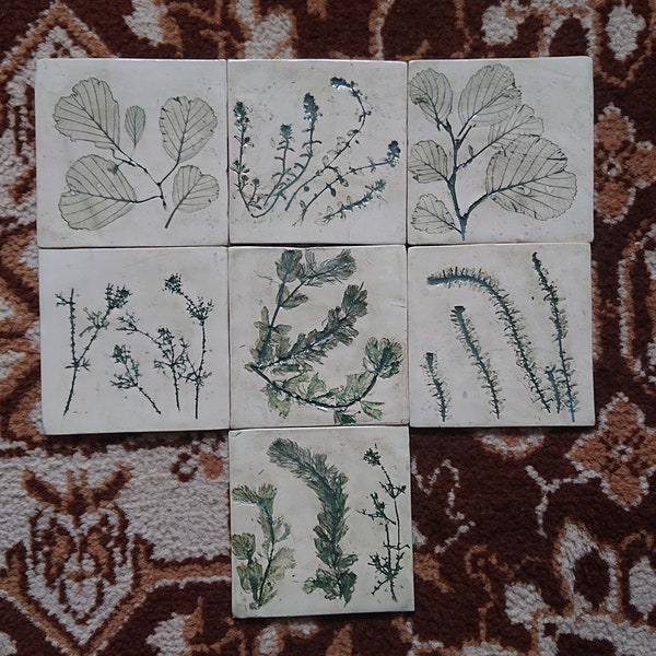 Pressed herbs ceramic tiles, handmade ceramic, handformed decor, pressed flowers, handmade tiles, embeceramics