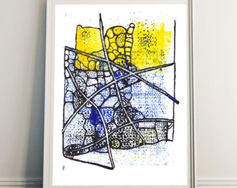 Abstract Monotype Print Reproduction / Mixed Media Monotype / Yellow and Blue / Giclée print / Limited edition