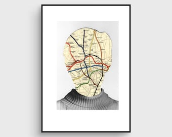 Fine Art Print / Portrait poster / Face Portrait Collage / Thought  / Underground map / Collage print / Giclée