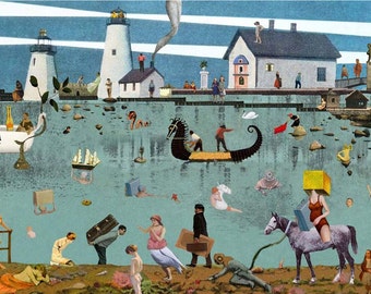 Fine Art Print / Island / Swimmers /Travellers / Lighthouse / Collage / Sea / Giclée print  / Surrealism / Wall Art