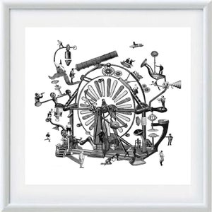 May include: A black and white illustration of a complex machine with gears, wheels, and figures. The machine appears to be a large wheel with spokes and a central hub, surrounded by smaller gears and figures.