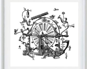 Imaginary invention Collage / Art print / Observer / Mechanical Illustration / Imaginary machine / Giclée print