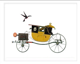 On the Road to Nowhere, Giraffe and Crow, Carriage, Fine Art Print, Funny poster, Collage, Giclée print, Nursery Print Kids Wall Art