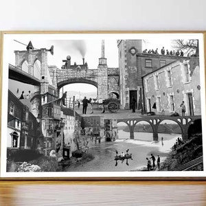 Fine Art Print / Art Poster / Collage / City / Train / Ancient / Black & White / Architecture / People / Bridge /  Limited edition