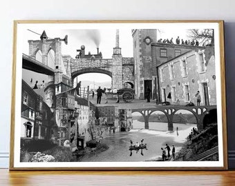 Fine Art Print / Art Poster / Collage / City / Train / Ancient / Black & White / Architecture / People / Bridge / Limited edition