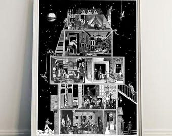 Fine Art Print / Black and white Collage / Wall art / Architecture / The lodger / House /  Limited edition / Giclée print