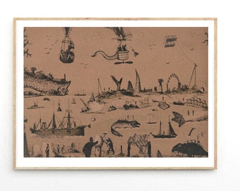 Fine Art Print / Petrified Island / Collage / Travel / Sea / Strange creatures (300 gsm brown recycled board)