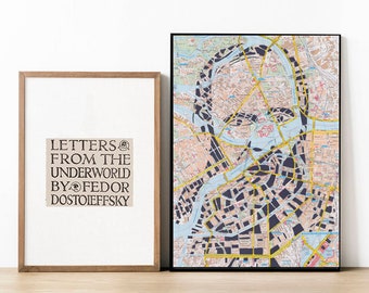 Fyodor Dostoevsky poster / St. Petersburg Russia Map / Famous writers / Book lovers - a print of an original Paper Cut Map