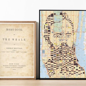 Affiche Herman Melville / Carte de New York / Portraits littéraires / Écrivains célèbres / Amateurs de livres - une impression d'une carte originale en papier découpé