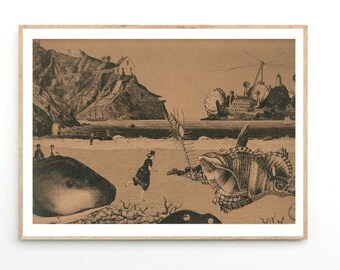 Fine Art Print / Petrified Island / Collage / Travel / Sea / Seashell / Whale / Strange creatures (300 gsm brown recycled board)