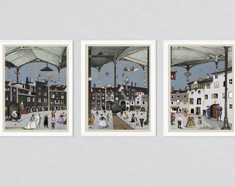 Set of 3 Fine Art Prints / Τrain station / Collage / Wall art / Travel / People / City / Masquerade / Giclée print / Art Set