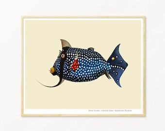 Fish Art Print, Sea Life Collage, Funny Blue Fish, Giclée prints