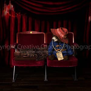 Child / sitter / newborn / digital backdrop / background / brown bear / red hat / blue coat / Cinema / Theatre seats / Instant download