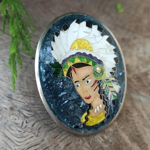 Oval Silver Large Cloisonne Enamel Ring: Indian Girl Design, Handmade Jewelry