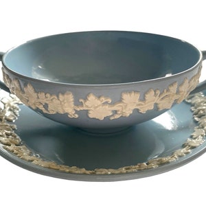 Vintage Wedgwood Queensware Consommé Cup and Saucer: Lavender Blue Floral Relief