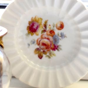 Vintage Lyngby Denmark Round Plate Fan Shape. White with Nordic Flower Bouquet.  Collectible.