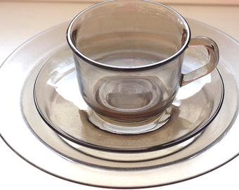 Vintage 1960s French Arcoroc Tea or Coffee Cup Set with Side Plate Option.  Chic Retro Coffee Brown Clear Glass.