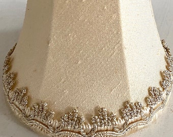 Vintage 1950s French Chic Petite Lamp Shade. Clip On.  Soft Vanilla Off White Linen with Lace Trim.  Beautiful Details. Handmade Artisan