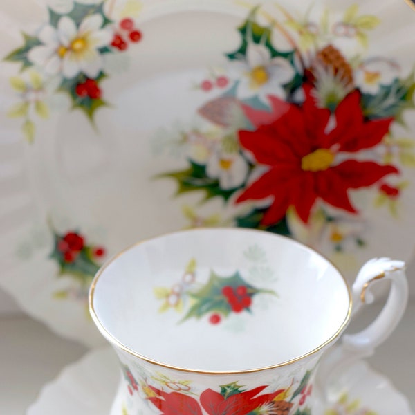 Royal Albert Christmas Fine Bone China Red Poinsettia Gold Accent Coffee/Tea Cup and Saucer Set. With Cake Plate Option. Heirloom Collection