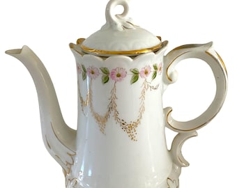 Rare Antique Belle Epoque Lidded Coffee Pot Bing & Grøndahl Heirloom Collectible. 1860-1890s.  Pink Flowers and Gold Accent