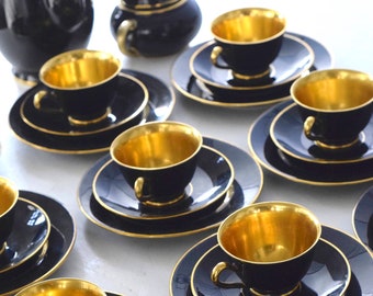 Porsgrund Rare Vintage 1930s Art Deco Nora Gulbrandsen Coffee Serving Set Black/Gold. Norway Heirloom Museum Quality. 12 Person 38 Units