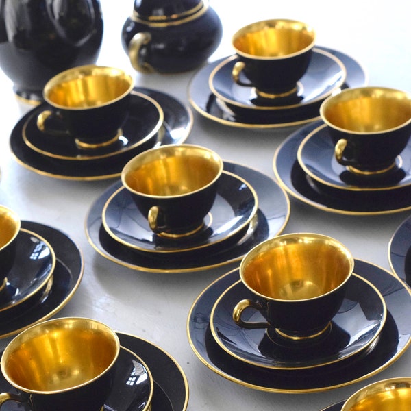 Porsgrund Rare Vintage 1930s Art Deco Nora Gulbrandsen Coffee Serving Set Black/Gold. Norway Heirloom Museum Quality. 12 Person 38 Units