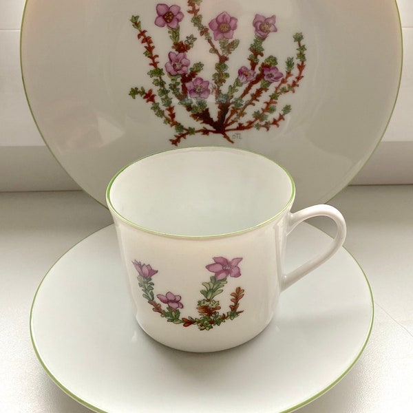 Porsgrund Fjell Flora Grünbesatz. Lila Steinbrech-Bergblume. Trio Set Kaffeetasse, Untertasse und Kuchenteller Vintage Norwegen.