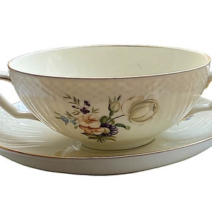 Very Rare Royal Copenhagen Frijsenborg Two Handle Consomme Soup Cup & Saucer. Green Peony and Green Orange Peony. Denmark 1960s 1. Class