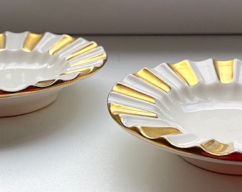 SET OF 2 Rare Vintage Lyngby Denmark Petite Round Plate Fluted Plate Trays. White With Gold Accent. 8 cm Diameter. Collectible