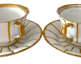 Rare Royal Copenhagen Palace Tea Cup and Saucer Set. White and Gold Fine Porcelain. Antique 1870-1890 Heirloom Collectible. Sold per Set