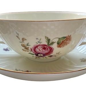 Very Rare Royal Copenhagen Frijsenborg Two Handle Consomme Soup Cup & Saucer. Pink Rose and Green Peony Denmark 1960s 1. Class