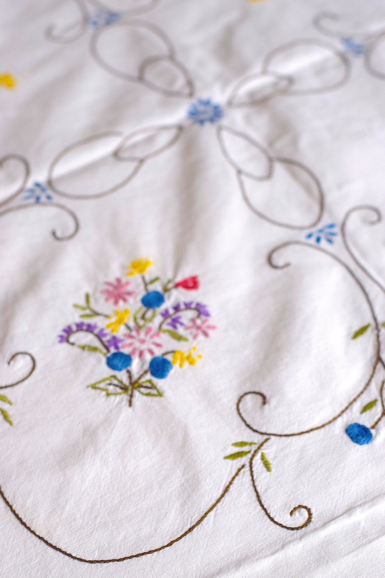 White Linen Tablecloth. Vintage Square Hand Embroidered Etsy
