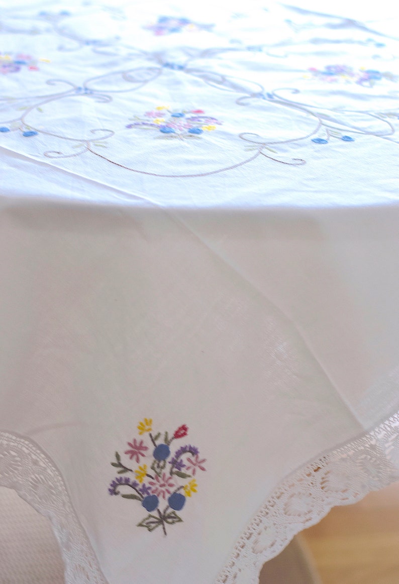 White Linen Tablecloth. Vintage Square Hand Embroidered Etsy