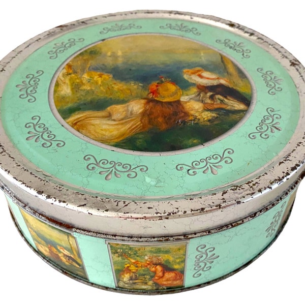 Vintage Pastel Aqua Blue with Silvertone Round Art Cookie/ Biscuit Tin. Beautiful Romantic and Pastoral Art Panels.