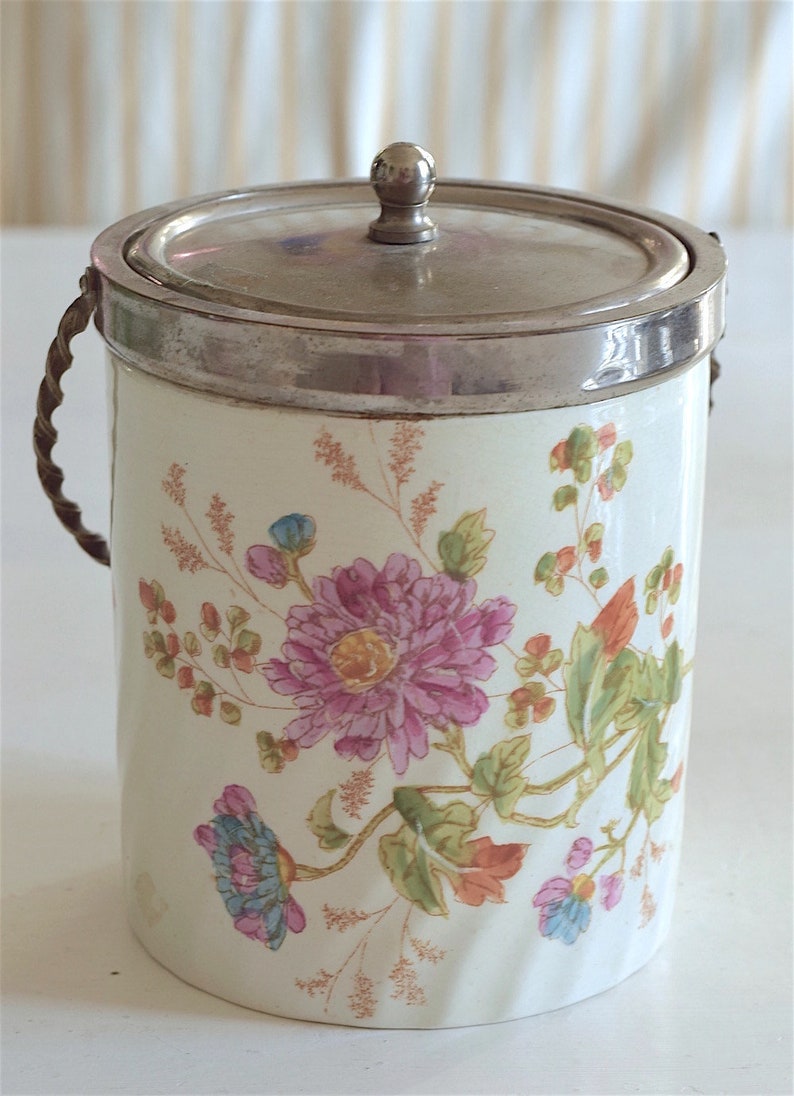 Porcelain Biscuit Jal. Floral Motive. Tin Lid and handle. English Antique 1910-1920s image 1