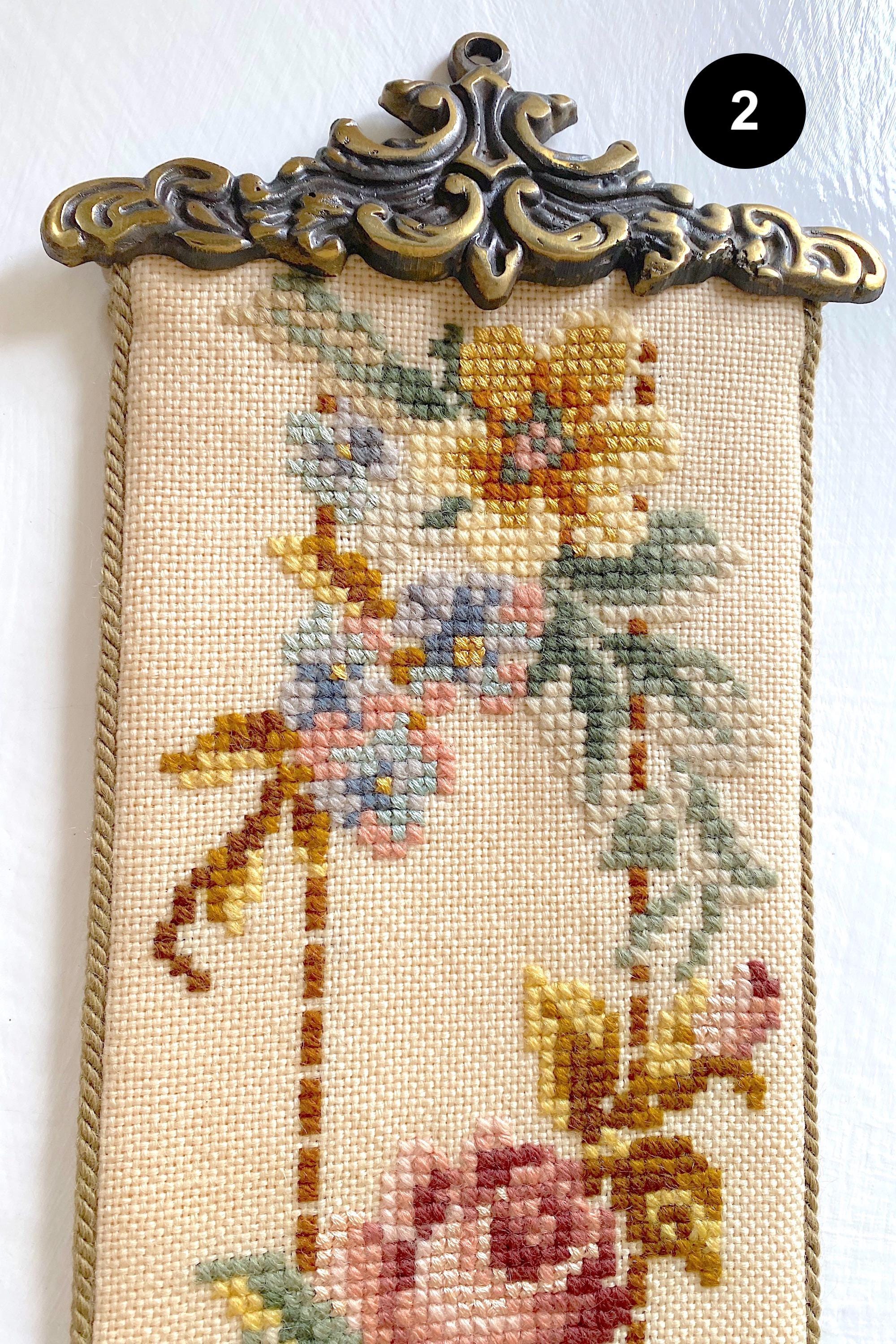 Vintage Needlepoint Wall Panel: Pink Rose Garland, Antique Brass Frame ...