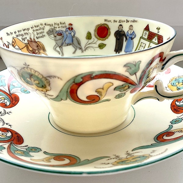 Very Rare Antique Classic Wedding Procession Porsgrund Demitasse Cup and Saucer Set. Heirloom Collectible Quality Norway.