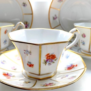 Beautiful Rare Antique 1950s Tirschenreuth Floral Gold Porcelain Tea Cup and Saucer. Price pr Cup/Saucer. Select: Cake Plate Option