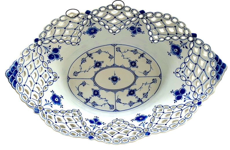 Antique Royal Copenhagen Blue Fluted Full Lace No. 1059 Large Oval Centerpiece Fruit Basket Bowl. 1889-1922 Very Rare. Small Repairs/Flaws image 5