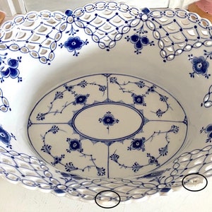 Antique Royal Copenhagen Blue Fluted Full Lace No. 1059 Large Oval Centerpiece Fruit Basket Bowl. 1889-1922 Very Rare. Small Repairs/Flaws image 7