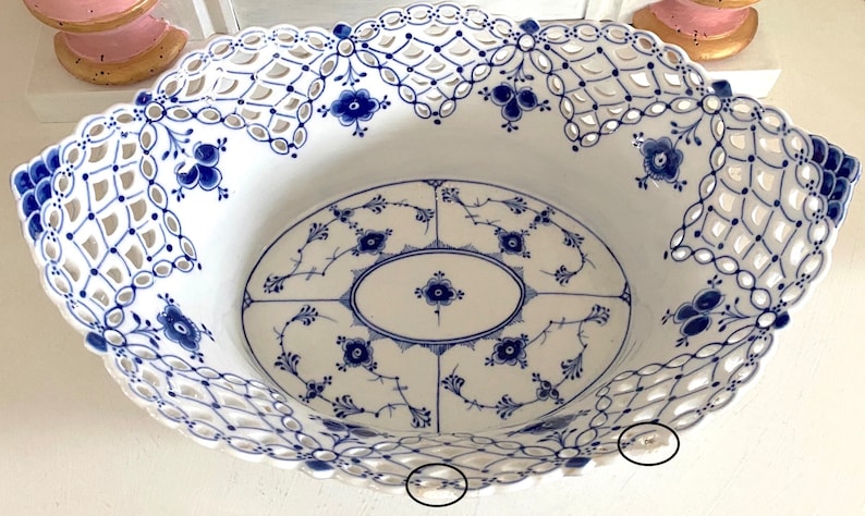 Antique Royal Copenhagen Blue Fluted Full Lace No. 1059 Large Oval Centerpiece Fruit Basket Bowl. 1889-1922 Very Rare. Small Repairs/Flaws image 7