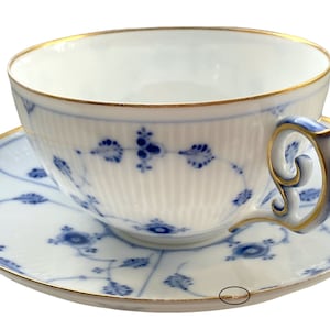 Antique 1870-1895 Royal Copenhagen 1. Class Blue Fluted Gold Large Tea Cup and Saucer. Extremely Rare  Denmark Collectible. Micro Flaws