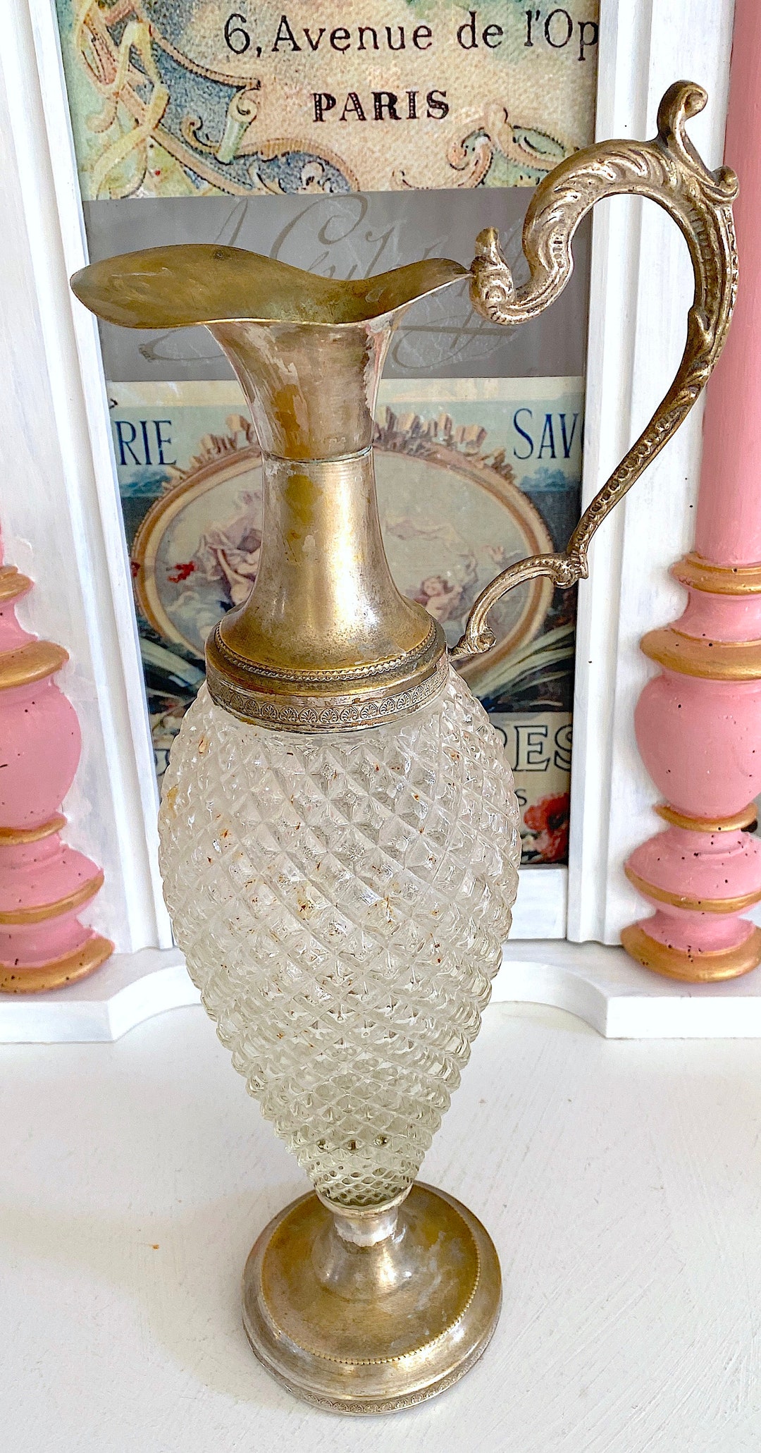 Antique Italian Silver Plate and Textured Cut Glass Footed Pitcher