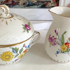 Bing & Grøndahl Saxon Flower Sugar Bowl and Creamer Set: Denmark Vintage Porcelain