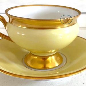 REPAIRED Small Flaw Empress Kjøbenhavns Porcelains Maleri KPM Denmark Antique 1920s Demitasse Cup/Saucer Set Pastel Yellow with Gold Accent