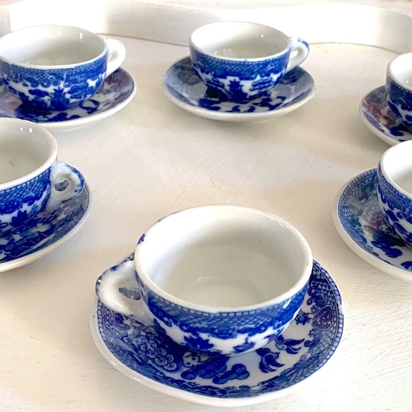 Miniature Vintage English Porcelain "Real Old Willow" Tea Cup and Saucer Set. Blue, White. Sold per Cup and Saucer Set. Select