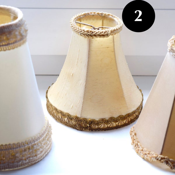 Fine Vintage Petite Lamp Shade. Clip On. Neutral White, Beige, Golden with Fabric Tassel Trim. Sold pr Shade. Select: 1, 2 or/and 3